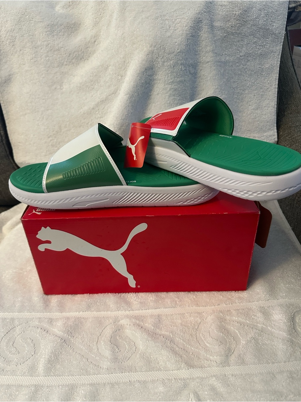 Puma Green White Slide Sandals with Red Logo Accent